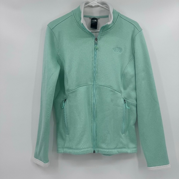 North Face Sweater Women Large Green White Full Zip Terry Outdoor Mock Neck - Picture 1 of 13
